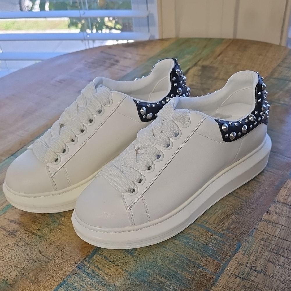 Steve Madden White and Black Studded Sneakers
